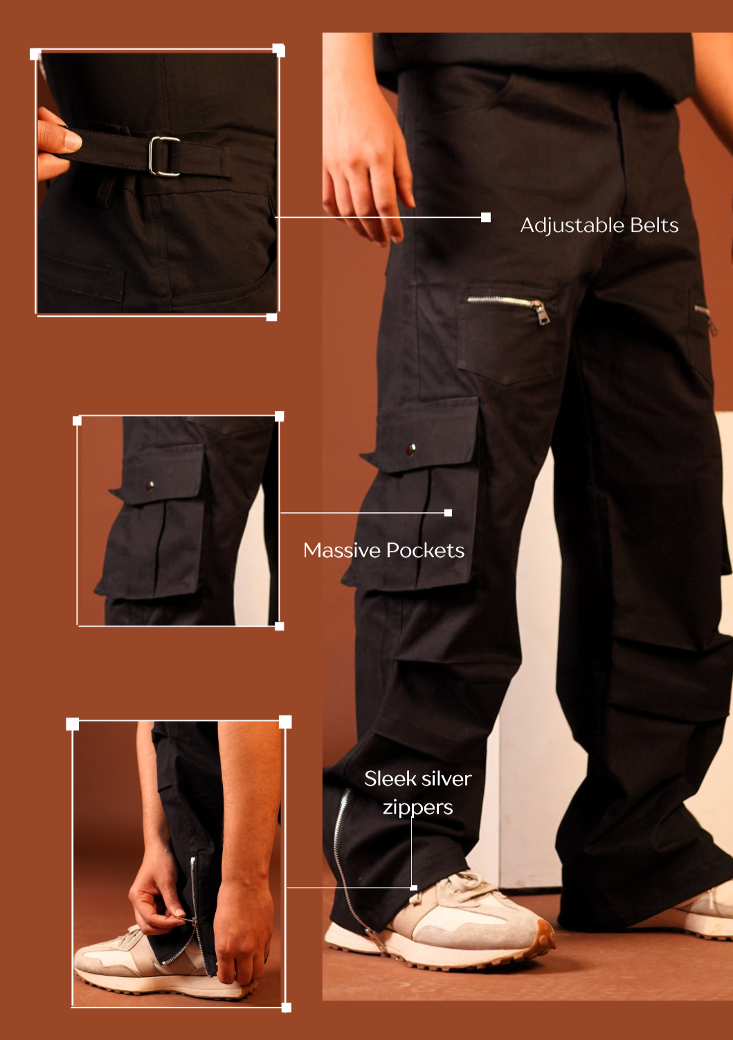 Multi Pockets Side Zipper Black unisex Cargo Pant