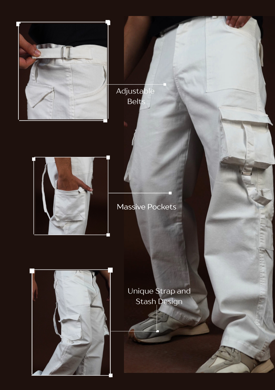 Strap and Stash Multi Pocket White unisex Cargo Pant