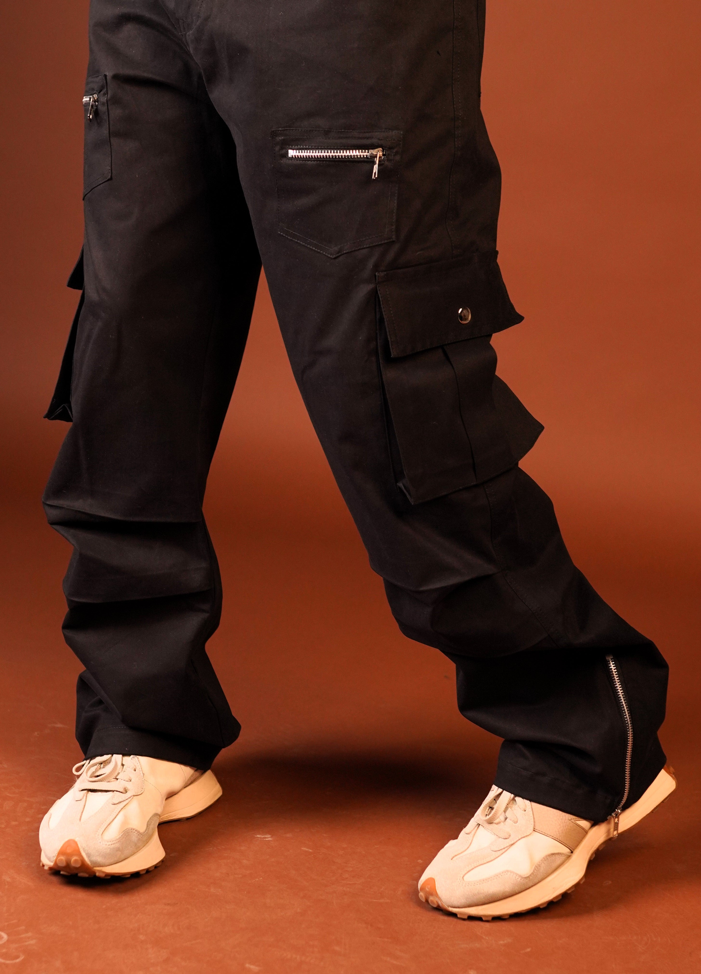 Multi Pockets Side Zipper Black unisex Cargo Pant