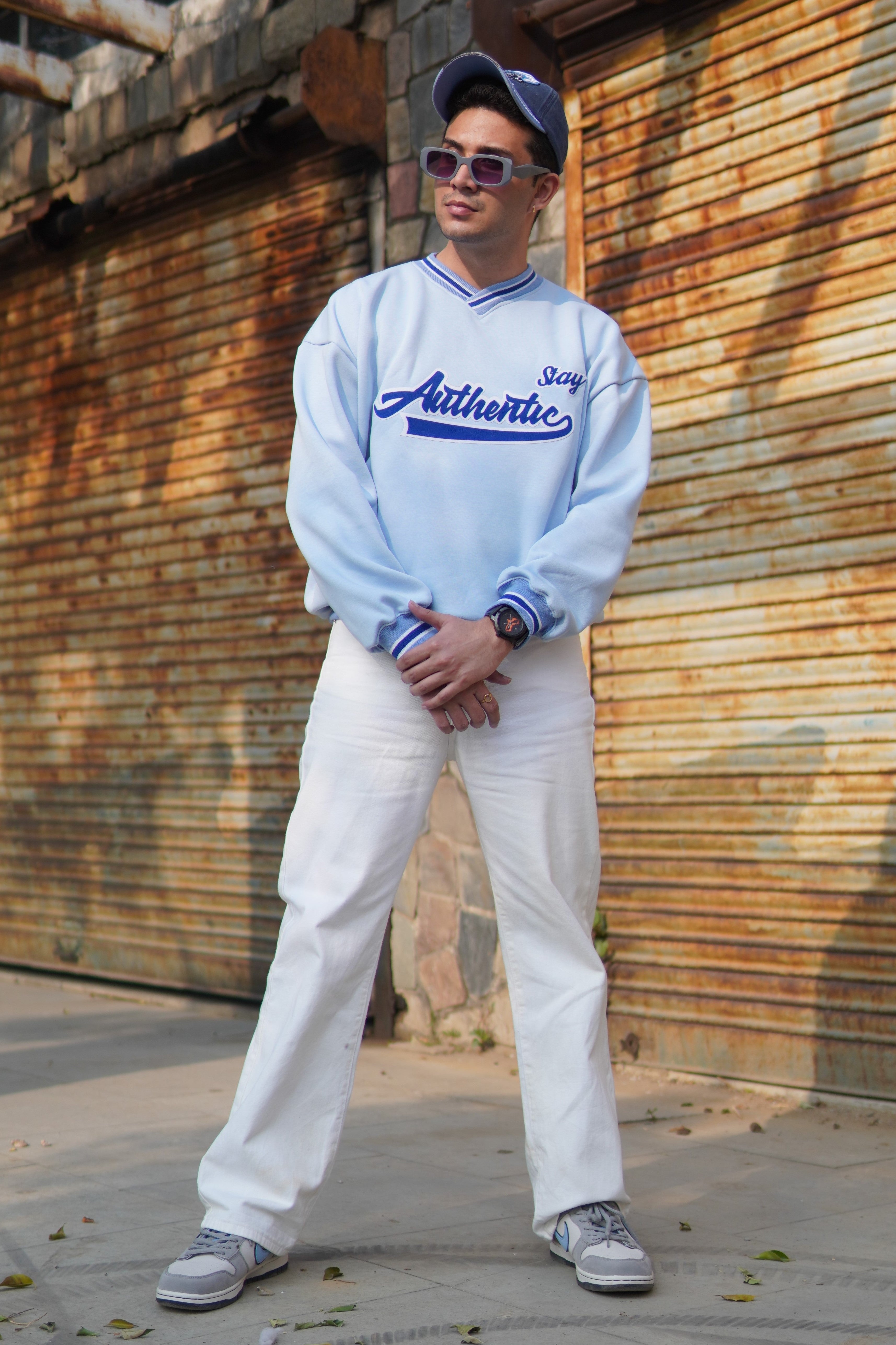 Stay Authentic Sky blue striped unisex over-sized sweatshirt