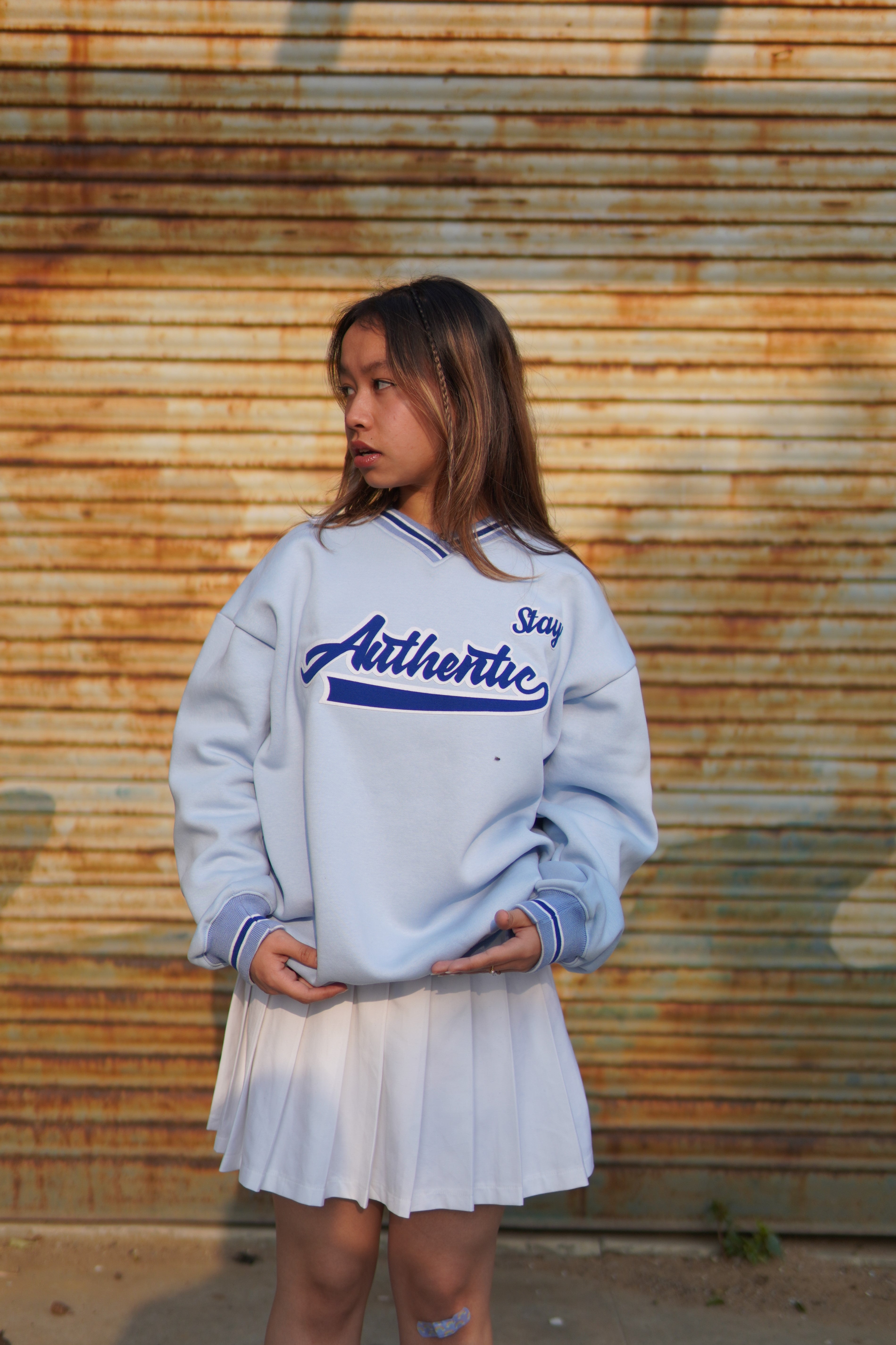 Stay Authentic Sky blue striped unisex over-sized sweatshirt