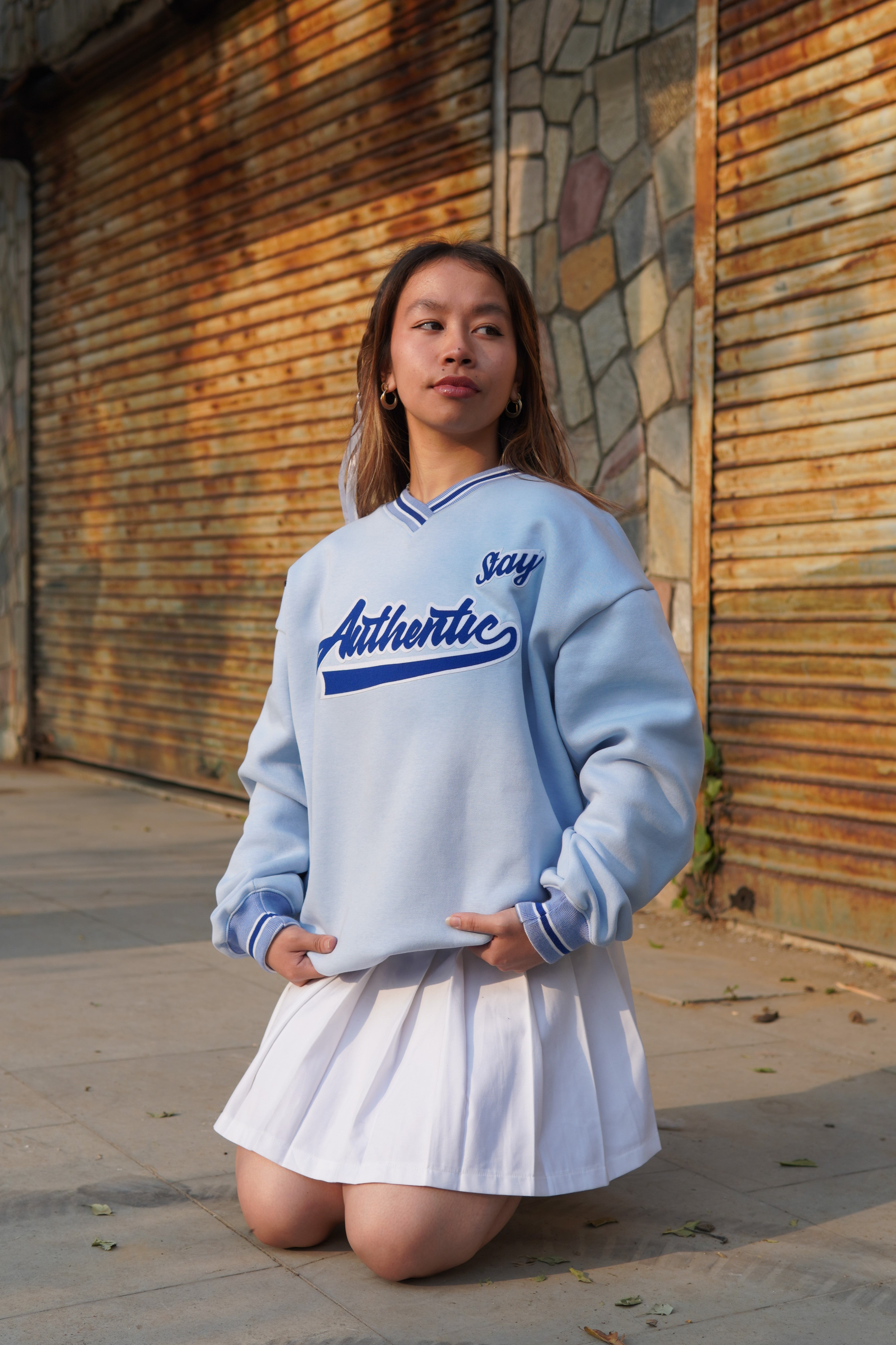 Stay Authentic Sky blue striped unisex over-sized sweatshirt