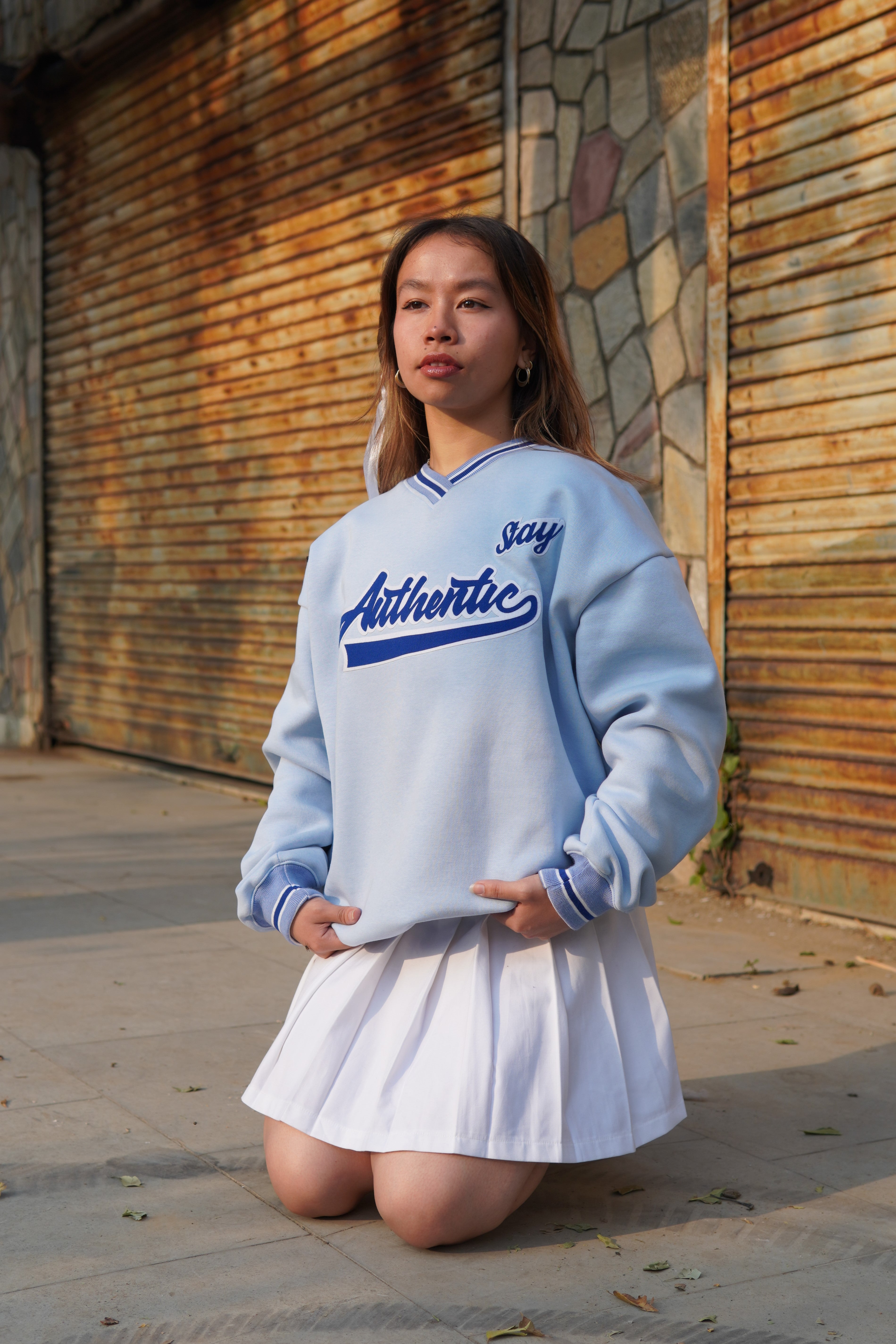 Stay Authentic Sky blue striped unisex over-sized sweatshirt