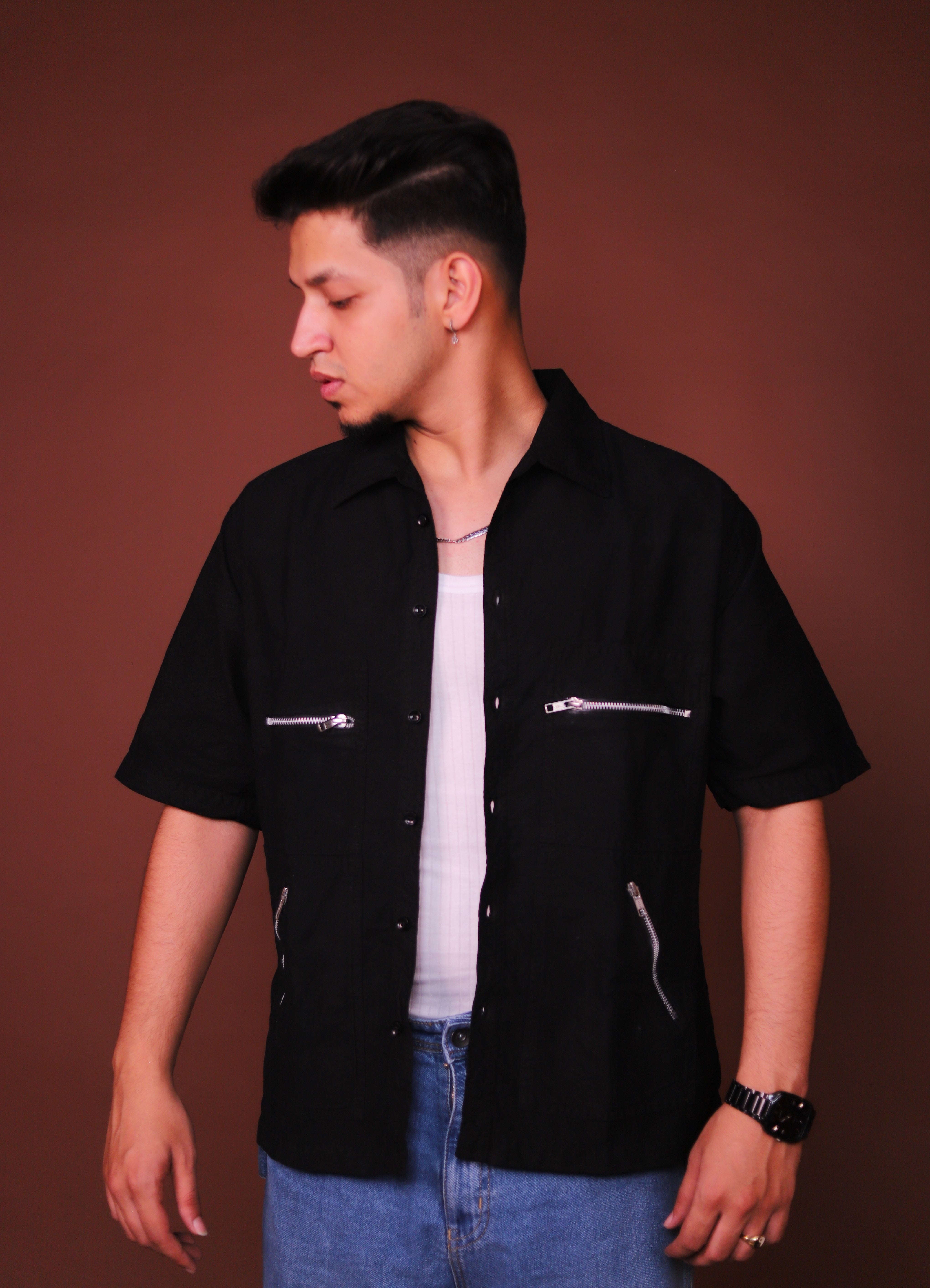 Zipper oversized Black Cargo Shirts