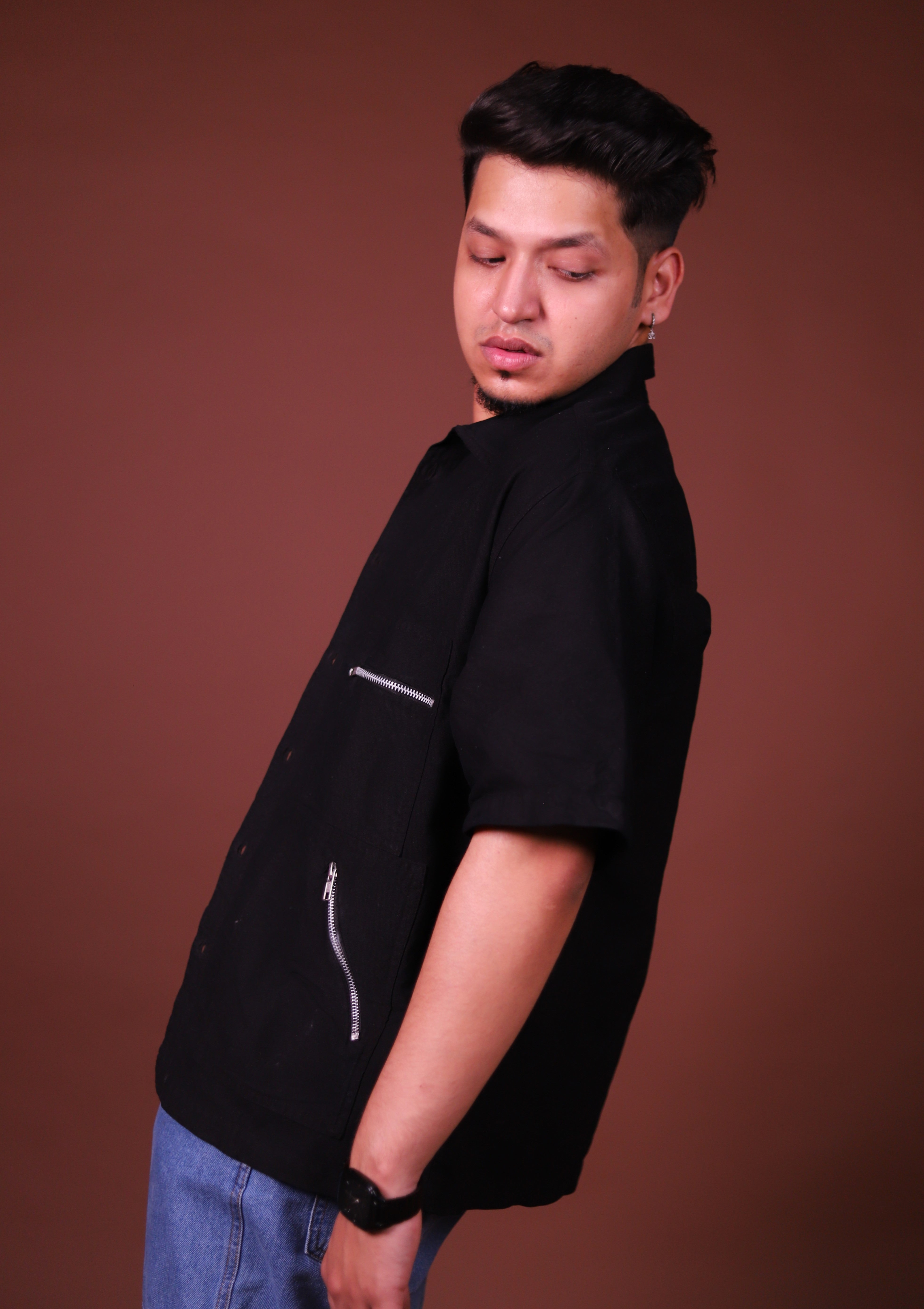 Zipper oversized Black Cargo Shirts