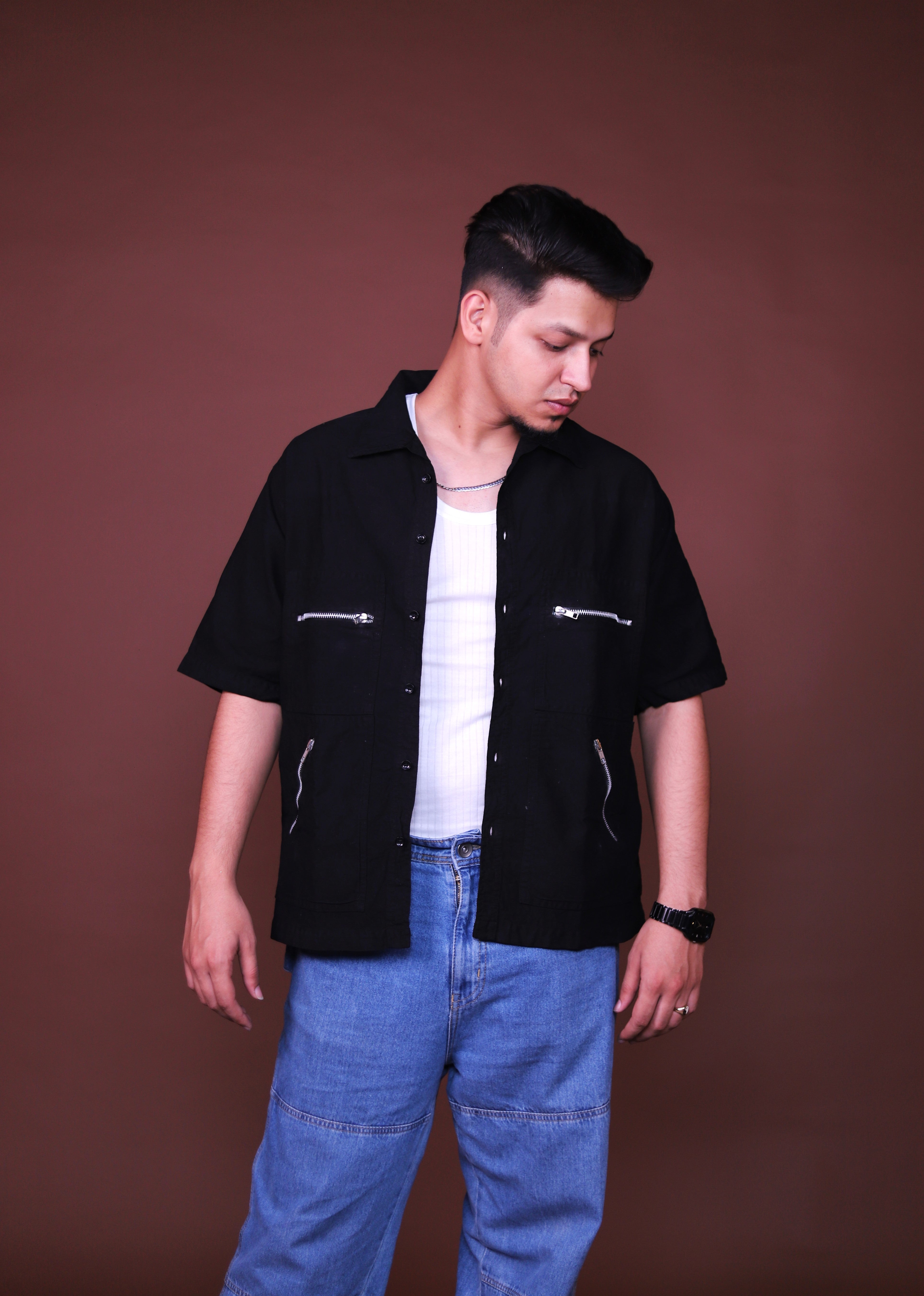 Zipper oversized Black Cargo Shirts