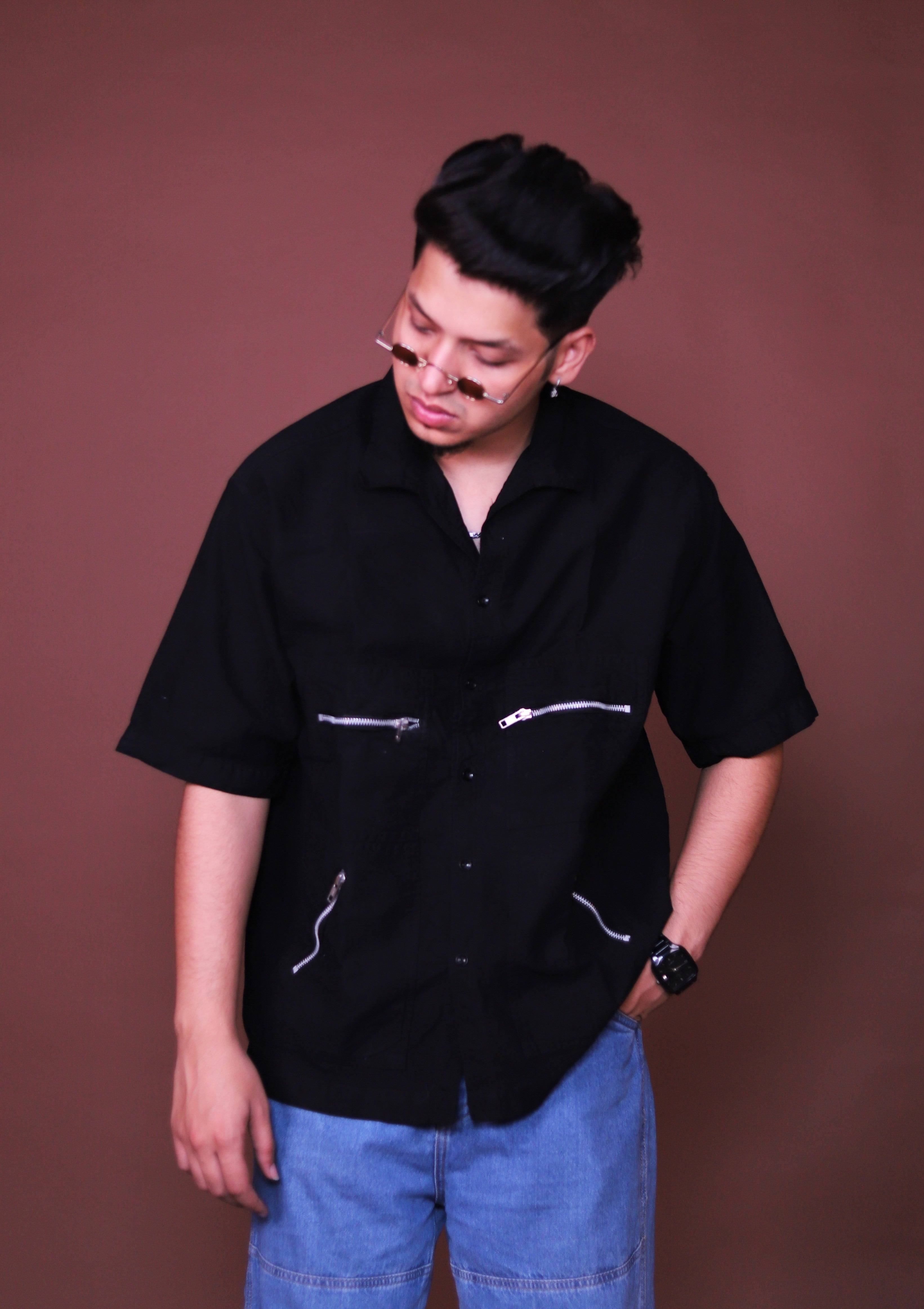 Zipper oversized Black Cargo Shirts