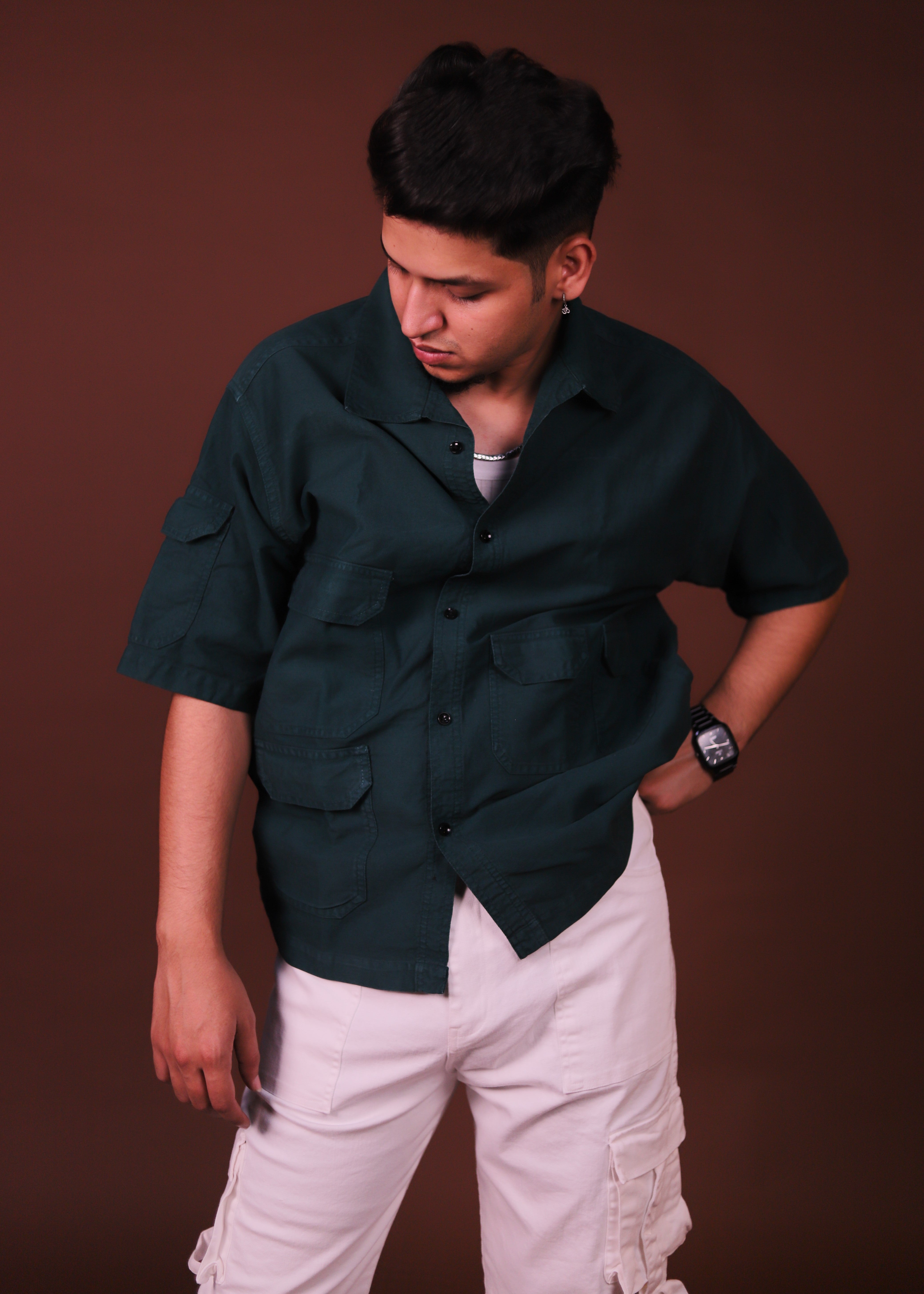 Multi pocket oversized Green Cargo Shirt